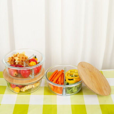 3 compartment glass lunch box with bamboo lid