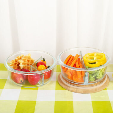 3 compartment glass lunch box with bamboo lid