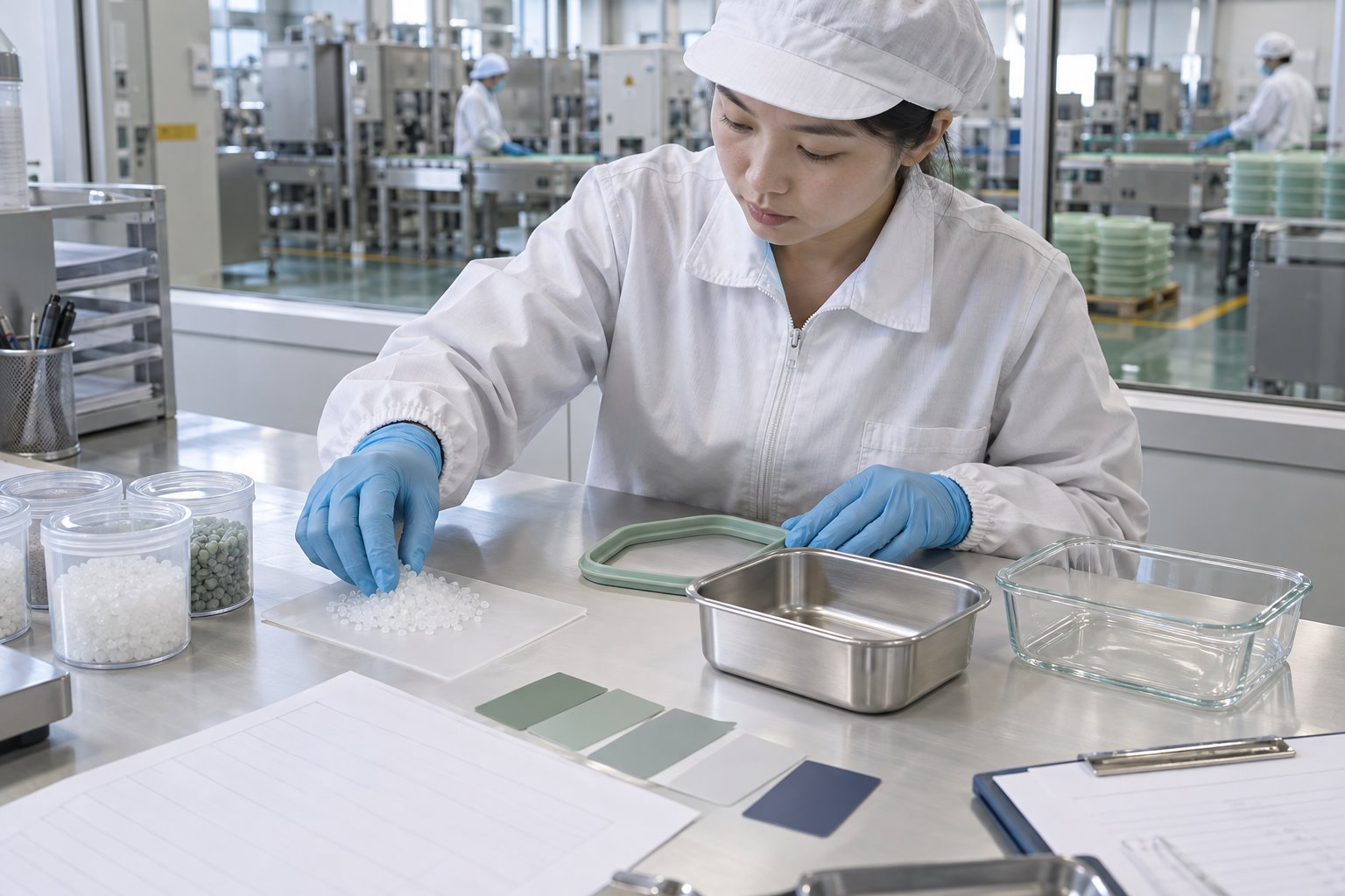 Factory quality engineer reviewing polypropylene pellets, silicone gasket, stainless steel insert and glass lunch box materials