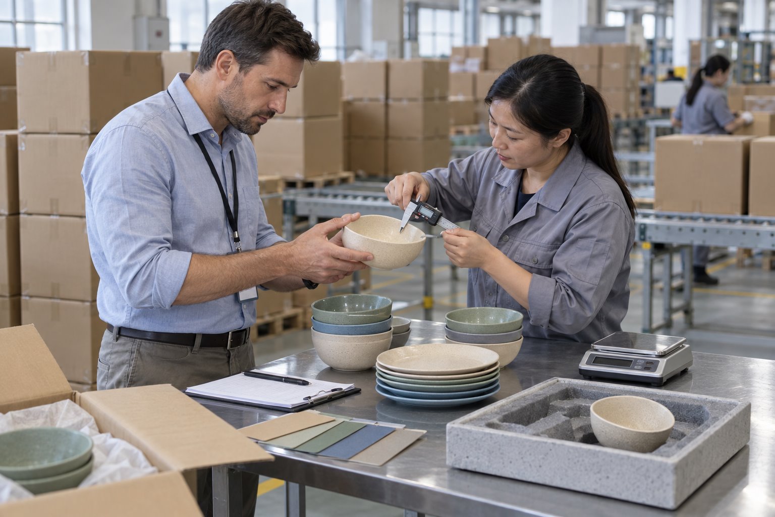 B2B buyer and Naike factory quality engineer measuring wheat straw dinnerware before shipment
