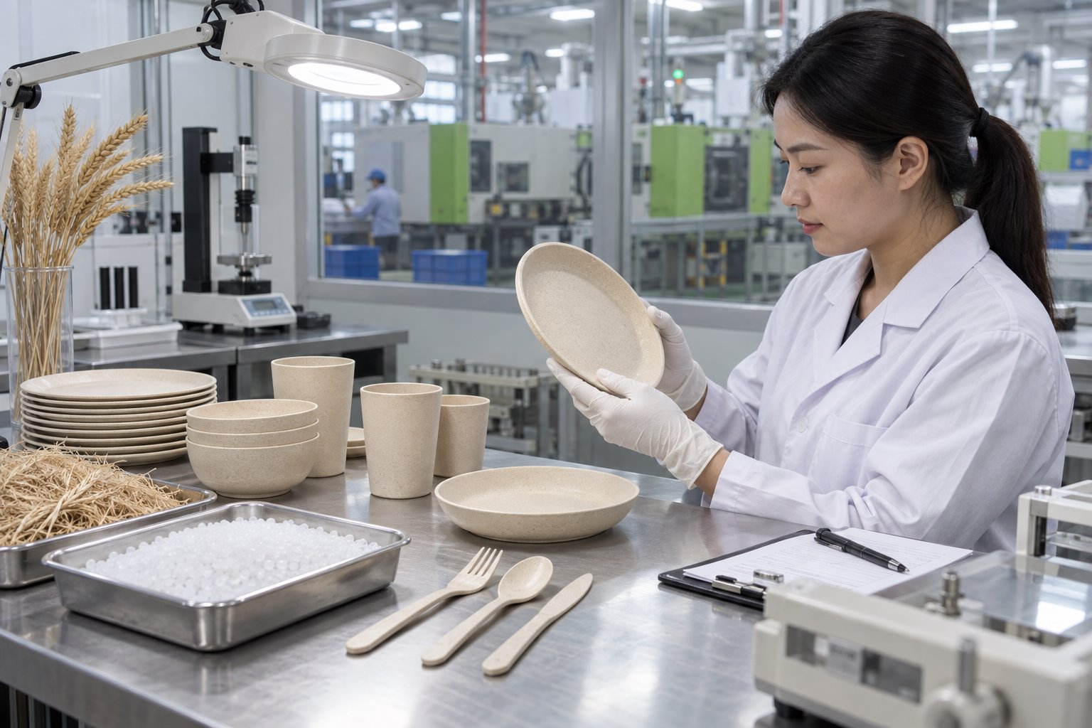 Naike quality technician inspecting wheat straw dinnerware beside fiber and resin samples