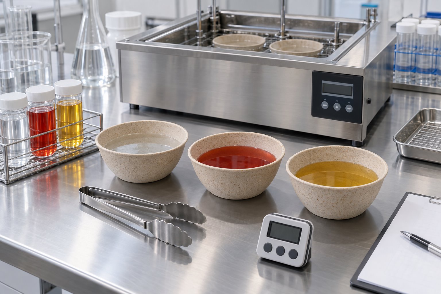 Food-contact migration test setup with wheat straw bowls and clear acidic and oily simulants